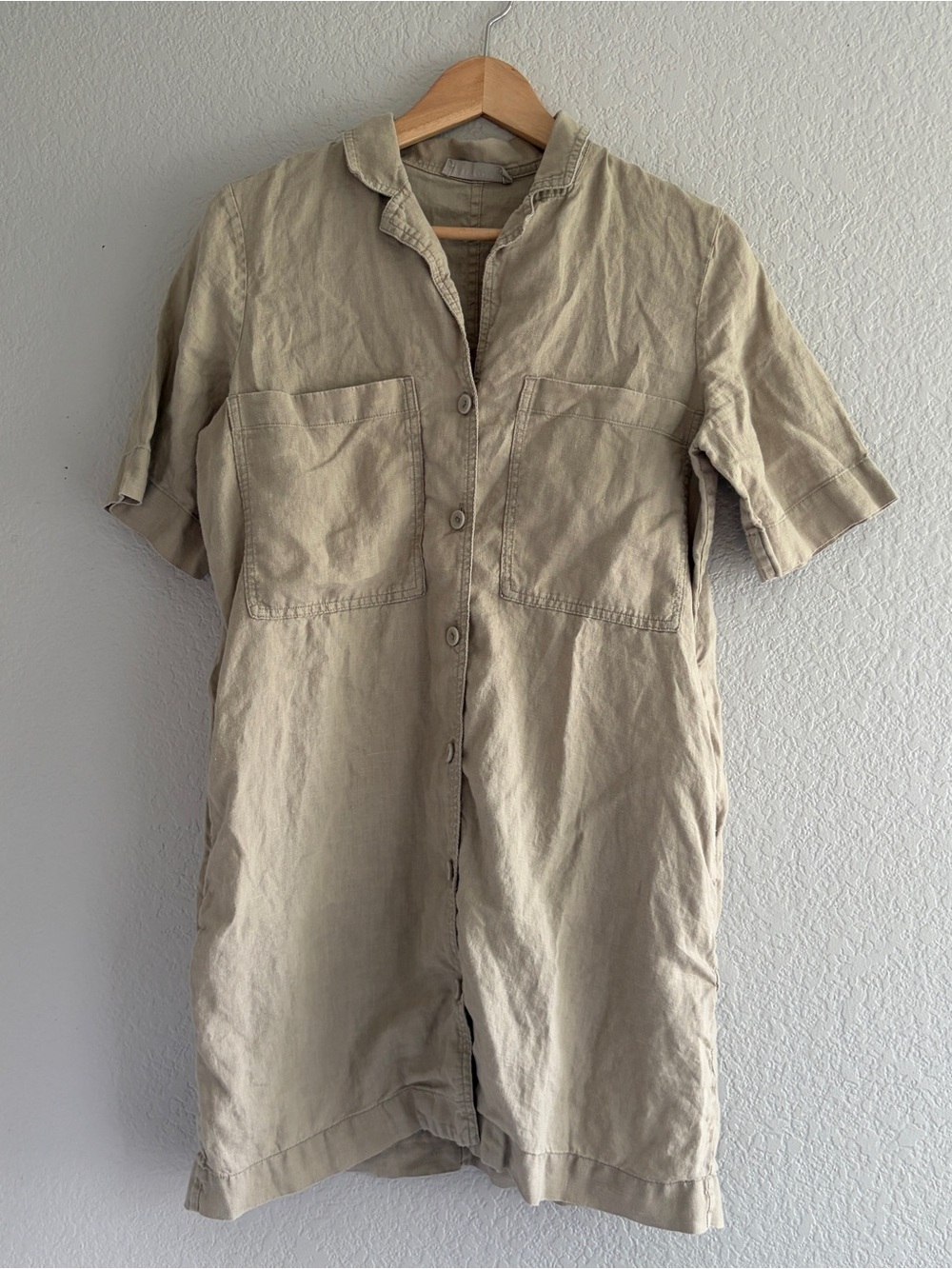 Everlane 100% Linen Button down Dress Size XS Khaki with Pockets